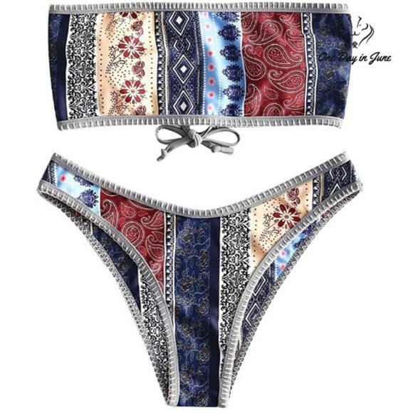 Zaful Other - Floral Print Lace-Up Bandeau Bikini
